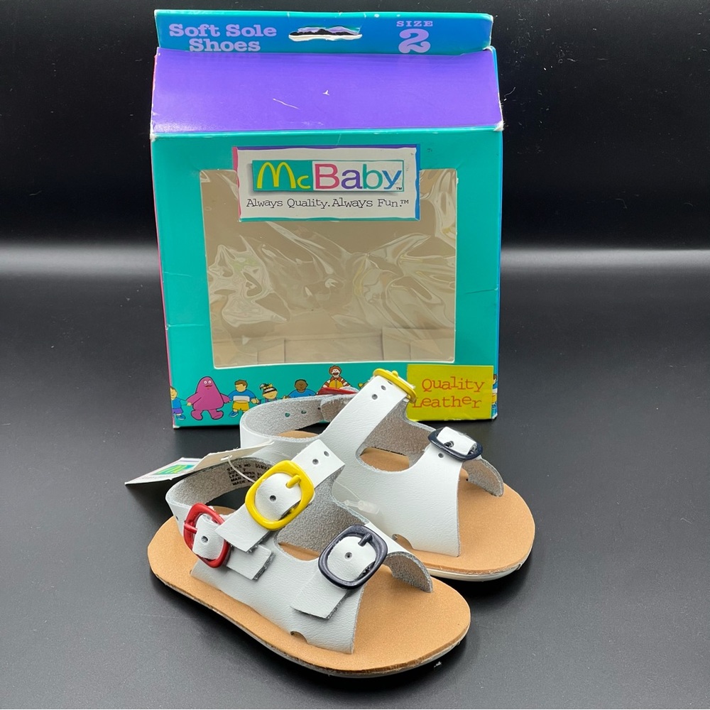 McDonald’s McBaby white leather crib sandals colorful buckles Sz.2 VTG NWT